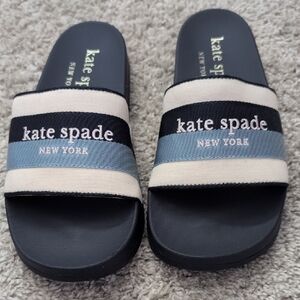 Kate Spade Black, Cream, and Blue Slide Sandals